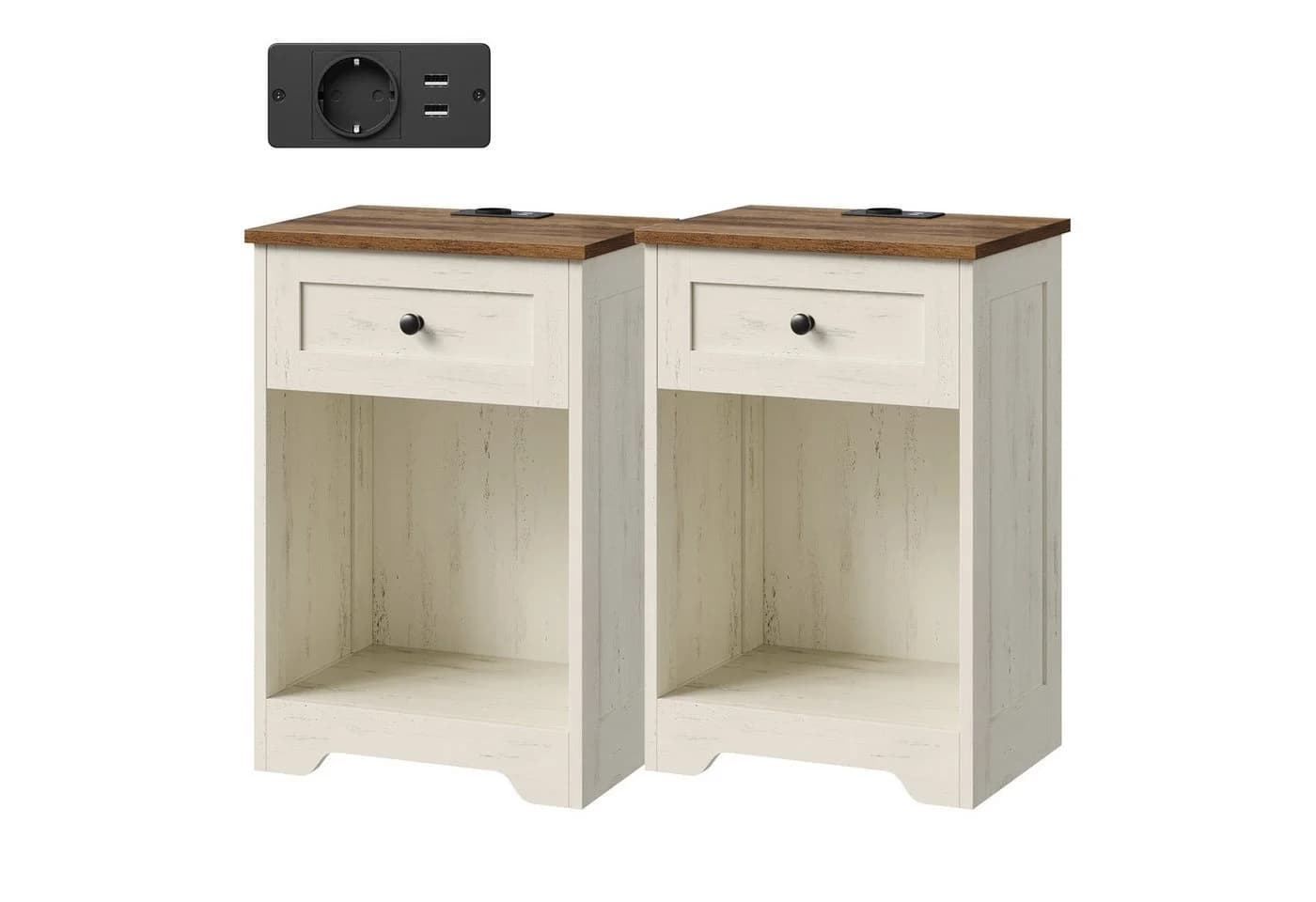 VASAGLE Nachttisch 2er Set mit Steckdose & USB, Landhausstil