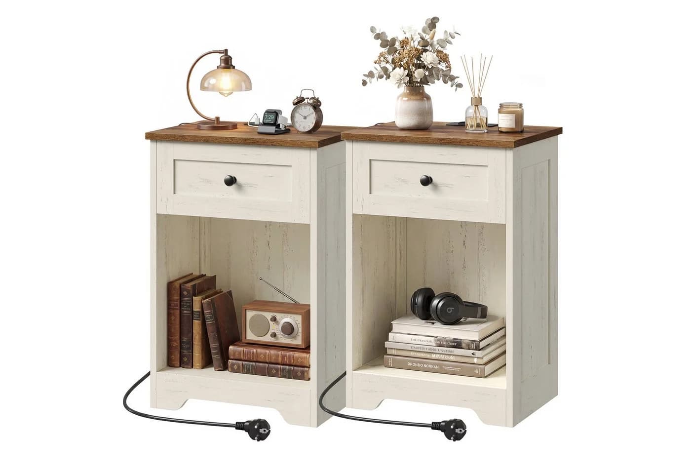 VASAGLE Nachttisch 2er Set mit Steckdose & USB, Landhausstil - Bild 3