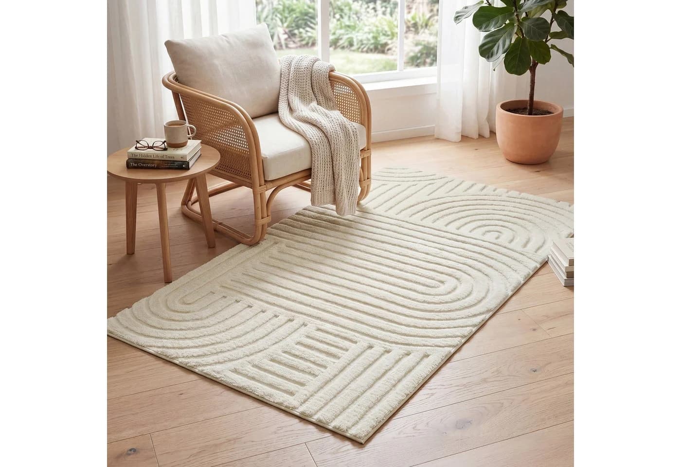SONGMICS Teppich 3D Hoch-Tief-Flor Geometrisches Muster Cremeweiß