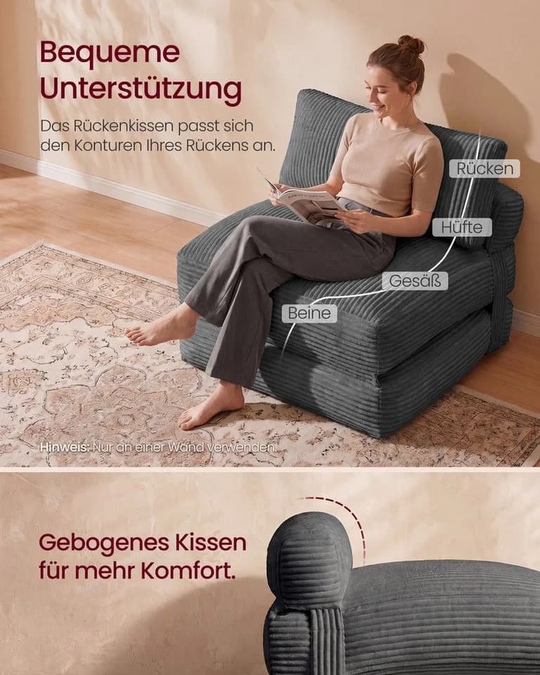 VASAGLE Schlafsessel Cord grau mit Kissen - Bild 5
