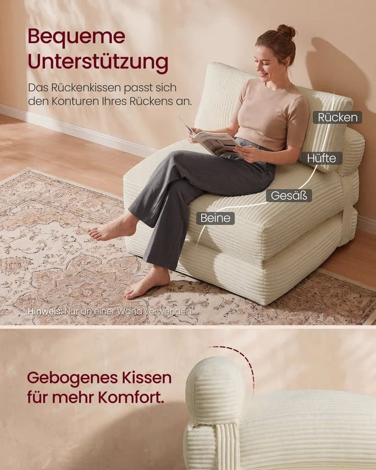 VASAGLE Schlafsessel Cord grau mit Kissen - Bild 5