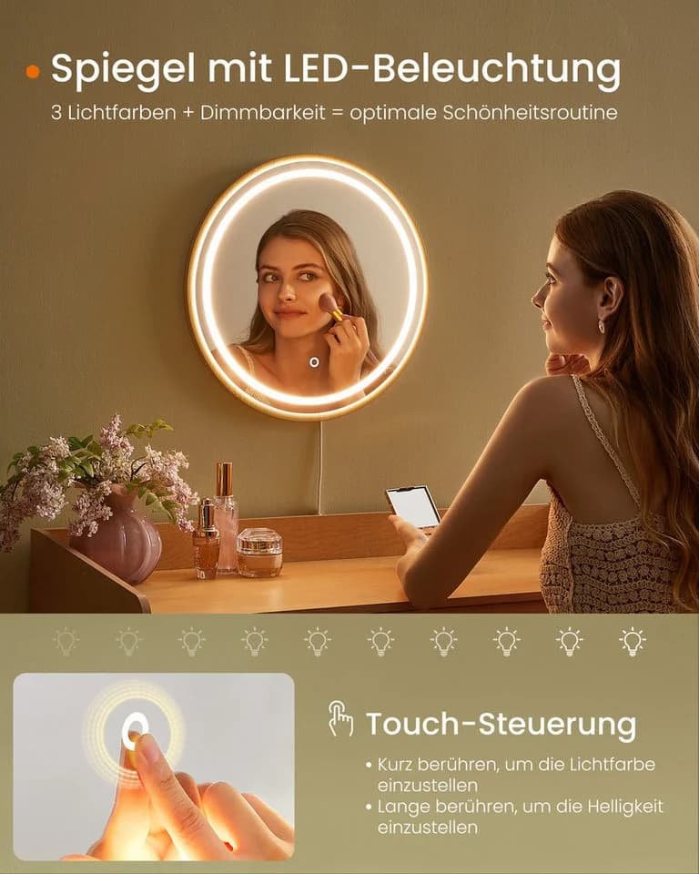 SONGMICS HOME Schminktisch mit Spiegel, Beleuchtung, 3 Schubladen, Eichenbeige - Bild 4