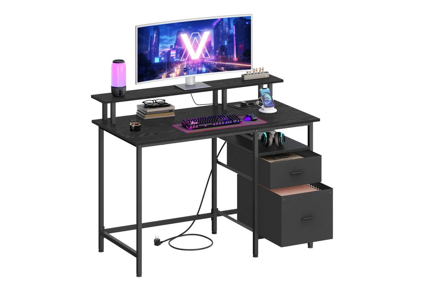 VASAGLE Schreibtisch Computertisch mit Monitorständer 2 USB Steckdosen