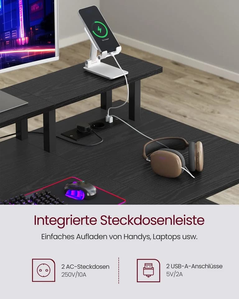 VASAGLE Schreibtisch Computertisch mit Monitorständer 2 USB Steckdosen - Bild 3