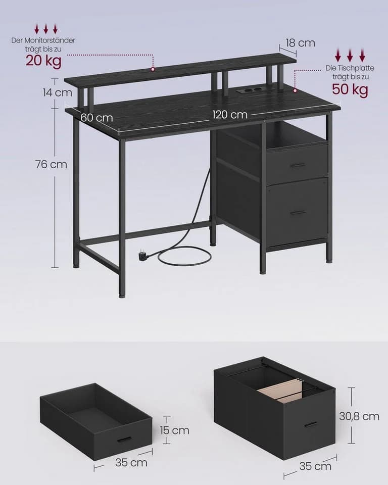 VASAGLE Schreibtisch Computertisch mit Monitorständer 2 USB Steckdosen - Bild 5