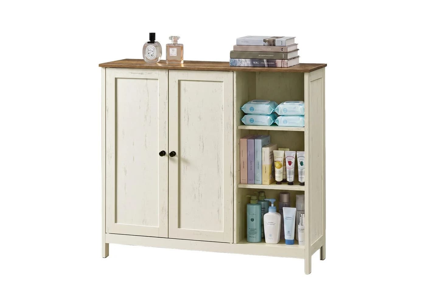 VASAGLE Badschrank Weiß/Braun mit 2 Türen und offenen Fächern - Bild 2