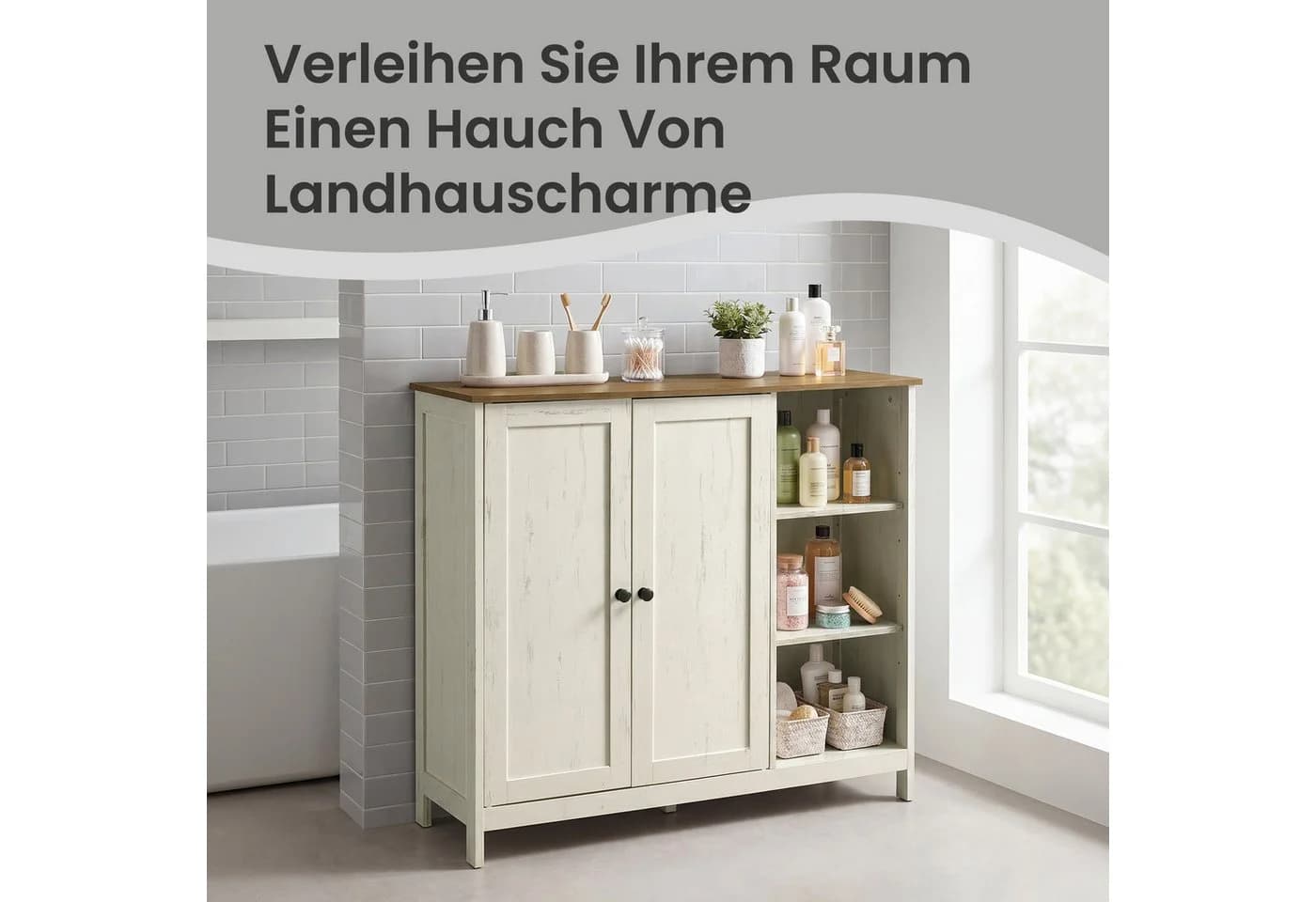 VASAGLE Badschrank Weiß/Braun mit 2 Türen und offenen Fächern - Bild 4