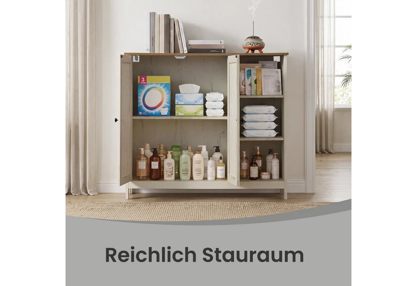 VASAGLE Badschrank Weiß/Braun mit 2 Türen und offenen Fächern - Bild 5