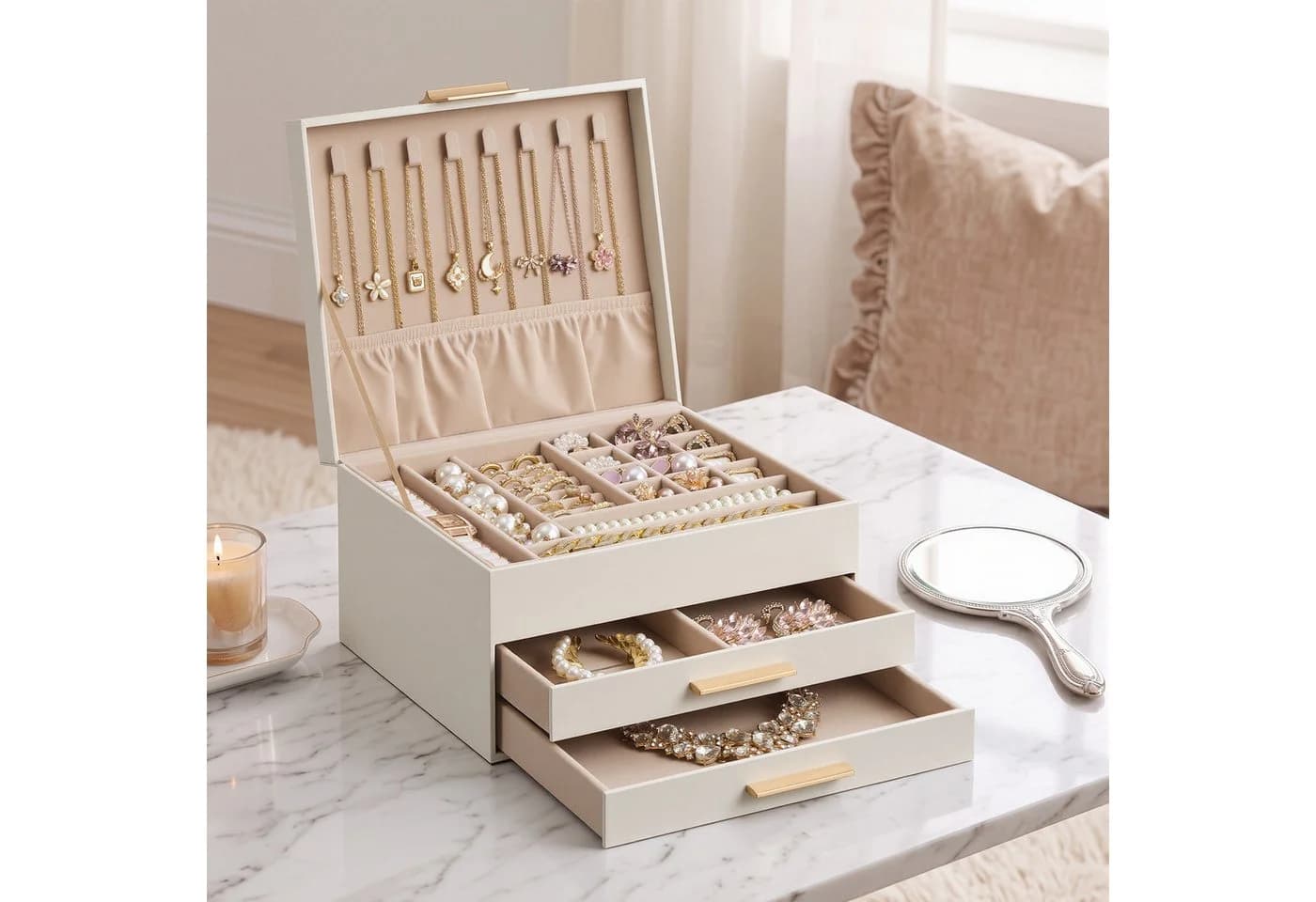 SONGMICS Schmuckkasten mit Glasdeckel, 3 Ebenen, 2 Schubladen, Wolkenweiß-Golden