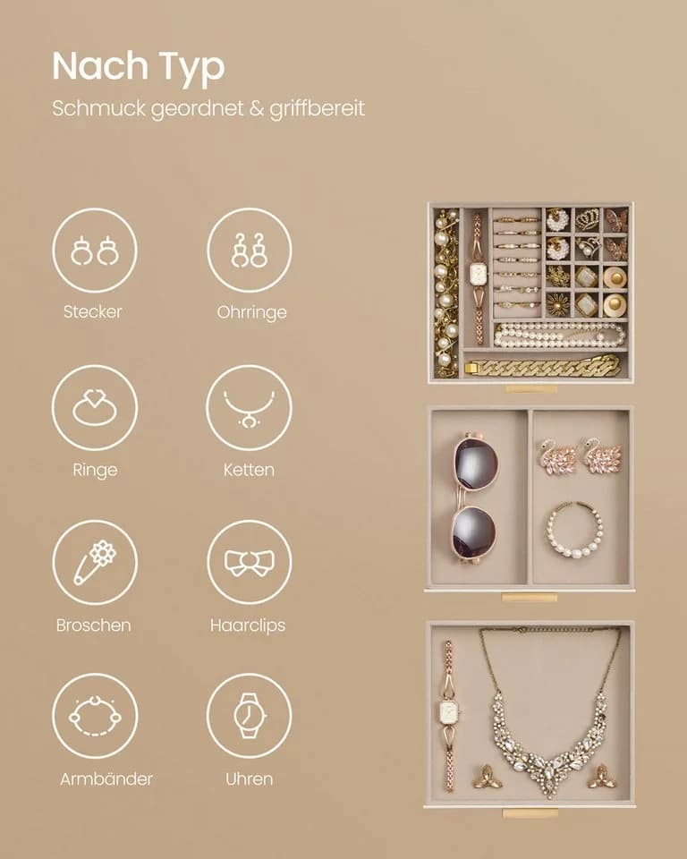 SONGMICS Schmuckkasten mit Glasdeckel, 3 Ebenen, 2 Schubladen, Wolkenweiß-Golden - Bild 3