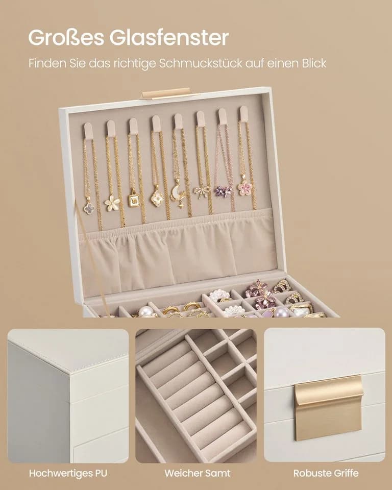 SONGMICS Schmuckkasten mit Glasdeckel, 3 Ebenen, 2 Schubladen, Wolkenweiß-Golden - Bild 4