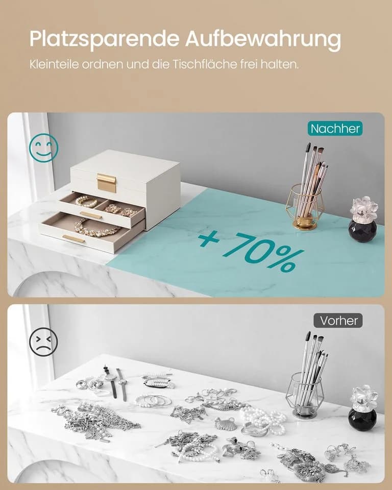 SONGMICS Schmuckkasten mit Glasdeckel, 3 Ebenen, 2 Schubladen, Wolkenweiß-Golden - Bild 5