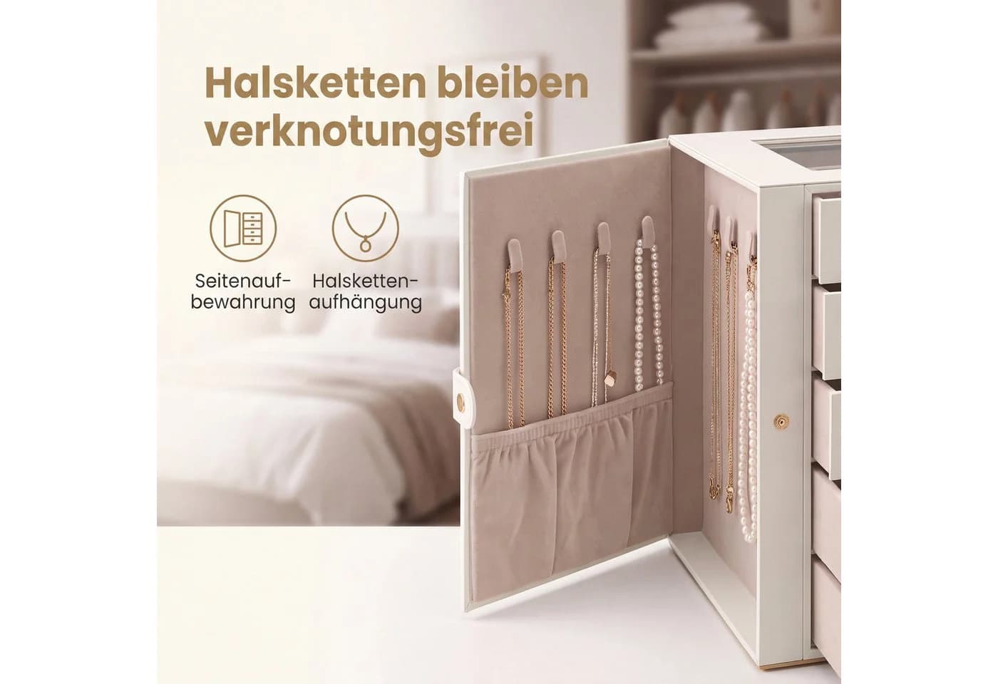 SONGMICS Schmuckkasten 5 Ebenen Glasdeckel Beige/Weiß - Bild 5
