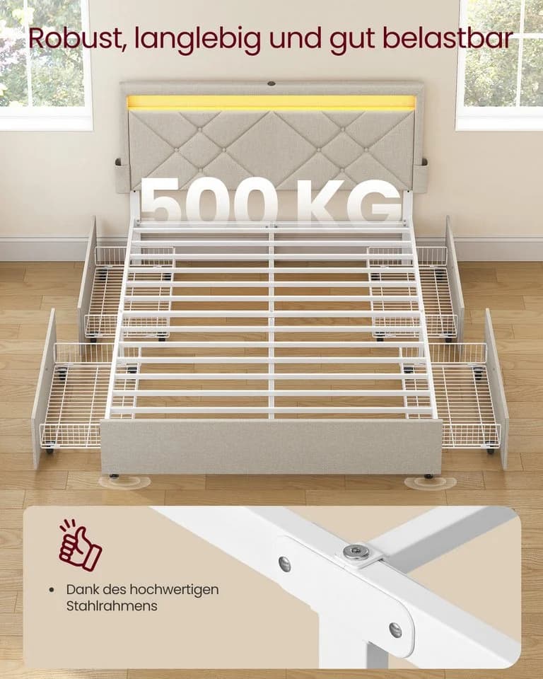 VASAGLE Polsterbett Federkernmatratze LED-Ladestation Cappuccinobeige - Bild 5