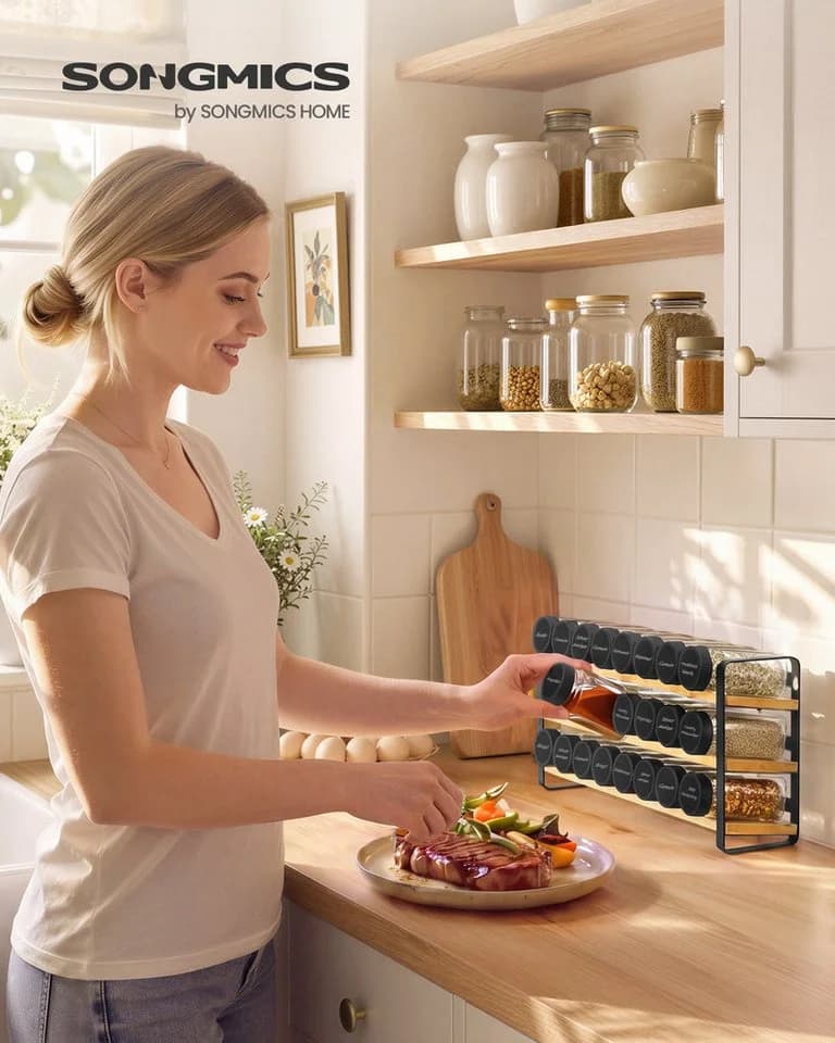 SONGMICS Gewürzregal mit 24 Gläsern Schwarz-Natur