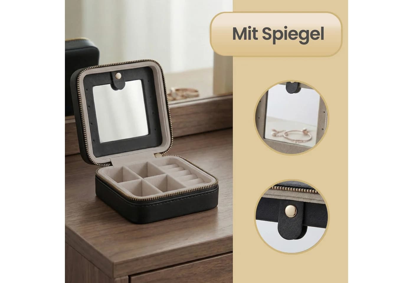 SONGMICS Schmuckkasten Reise Schwarz mit Spiegel und Reißverschluss - Bild 4