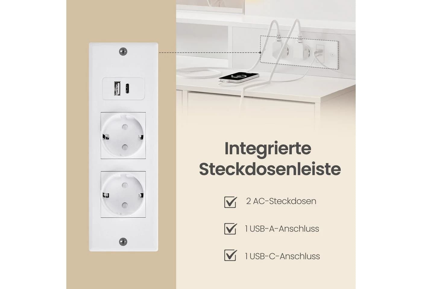 VASAGLE Schminktisch mit Spiegel, Beleuchtung und Ladestation Weiß - Bild 5