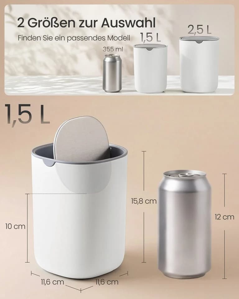 SONGMICS Kosmetikeimer mit Deckel 1,5L Weiß Schwingdeckel Edelstahl - Bild 3