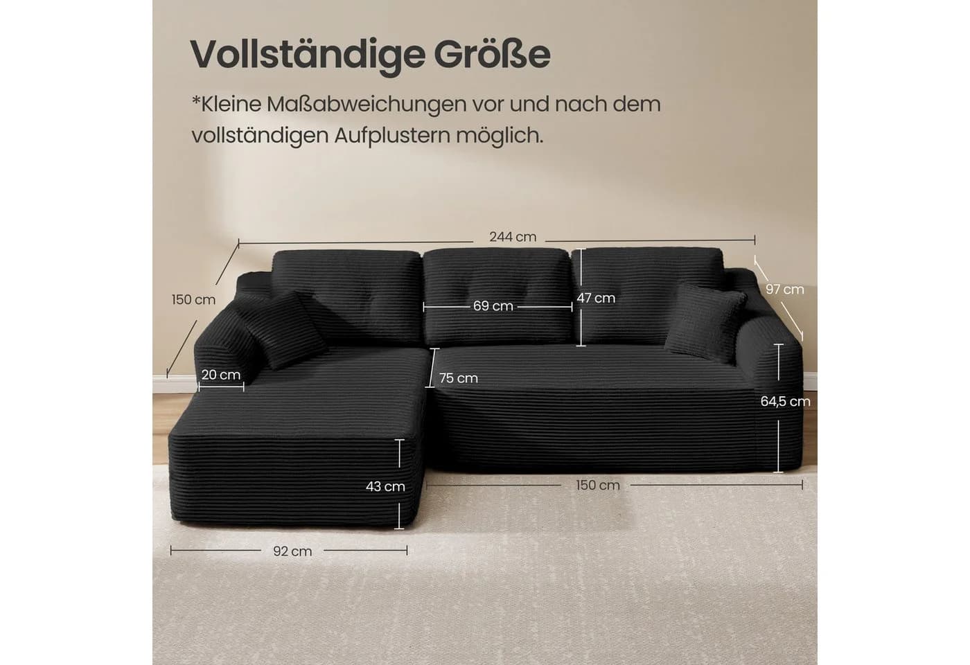 VASAGLE Ecksofa mit Chaiselongue, Cord, Vakuumverpackt - Bild 4