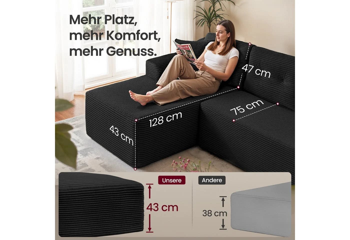 VASAGLE Ecksofa mit Chaiselongue, Cord, Vakuumverpackt - Bild 5
