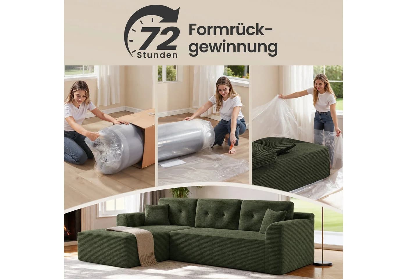 VASAGLE Ecksofa mit Chaiselongue, Cord, vakuumverpackt, Schlafsofa - Bild 3