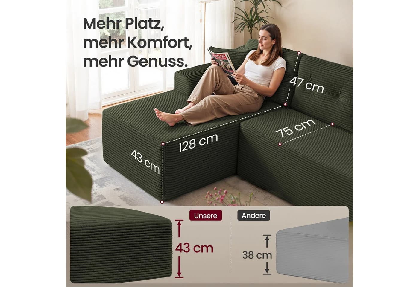 VASAGLE Ecksofa mit Chaiselongue, Cord, vakuumverpackt, Schlafsofa - Bild 5