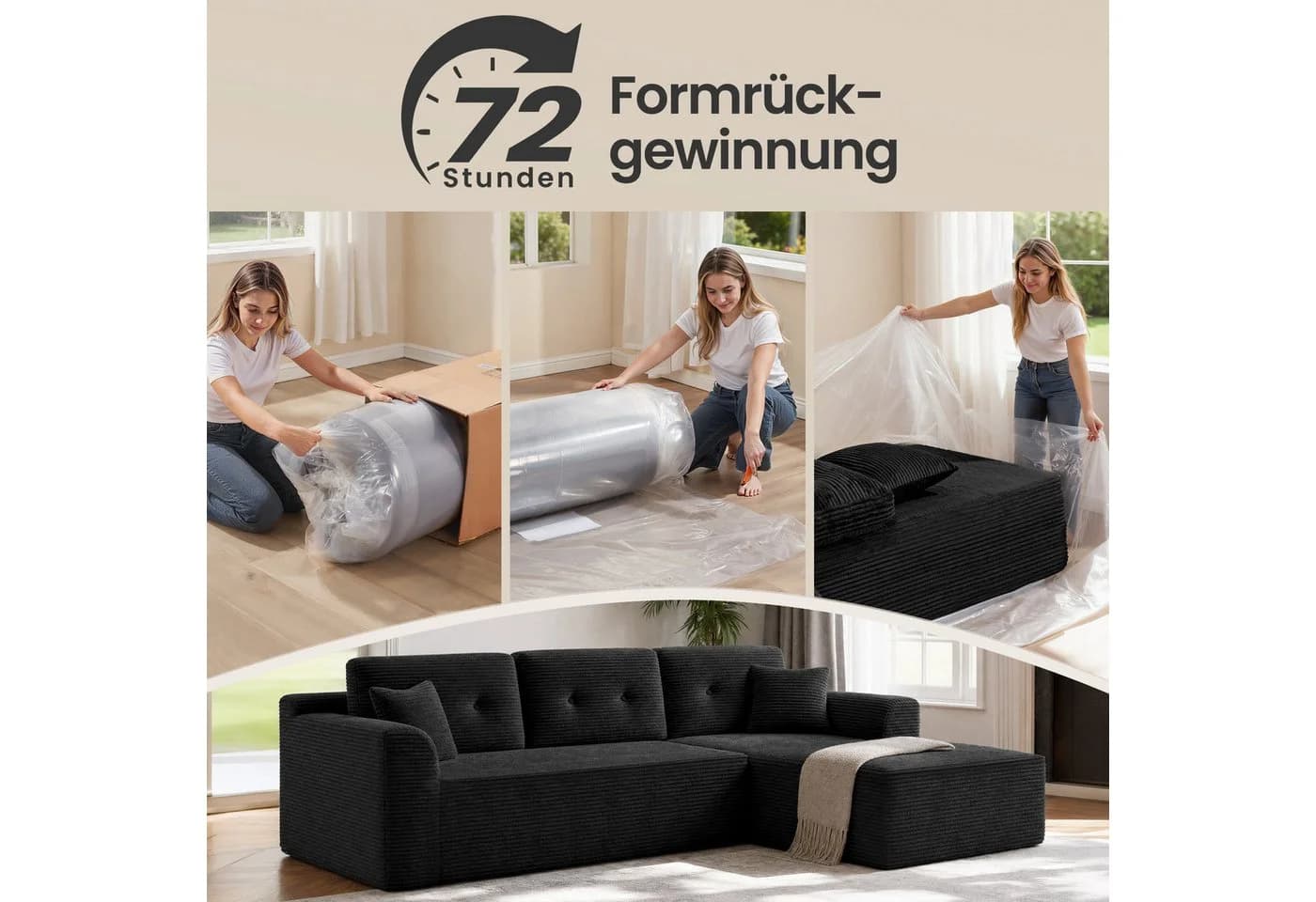 VASAGLE Ecksofa modulares Sofa 244 cm breit mit Chaiselongue