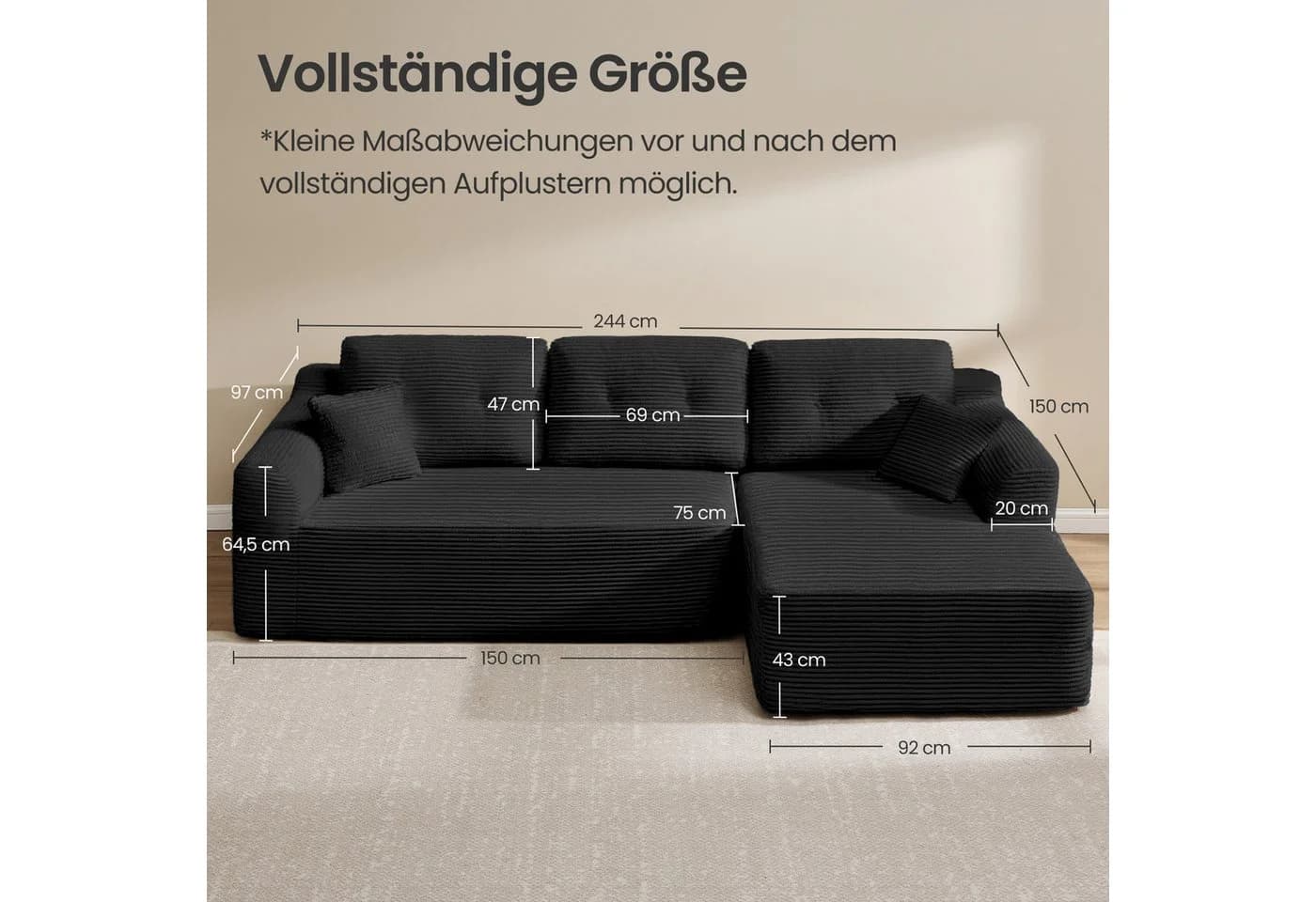 VASAGLE Ecksofa modulares Sofa 244 cm breit mit Chaiselongue - Bild 5