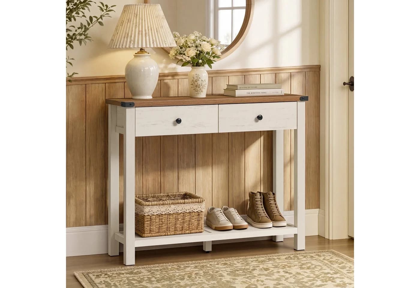VASAGLE Konsolentisch Landhausstil Weiß-Braun mit 2 Schubladen
