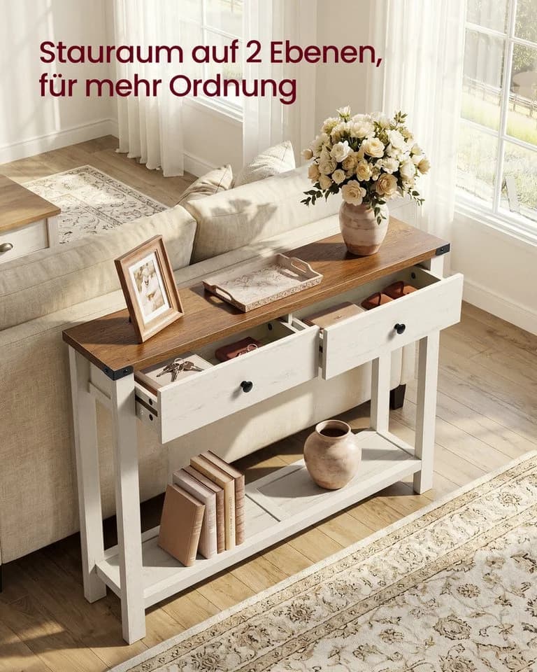 VASAGLE Konsolentisch Landhausstil Weiß-Braun mit 2 Schubladen - Bild 3
