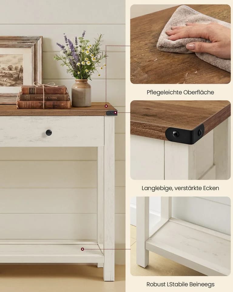 VASAGLE Konsolentisch Landhausstil Weiß-Braun mit 2 Schubladen - Bild 5