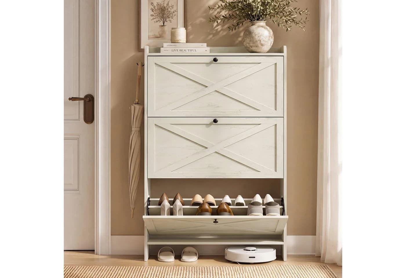 VASAGLE Schuhschrank Schuhkipper schmal weiß Landhausstil - Bild 3