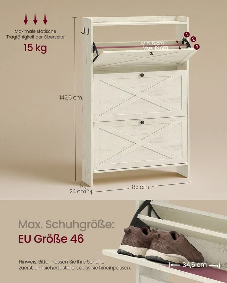 VASAGLE Schuhschrank Schuhkipper schmal weiß Landhausstil - Bild 5