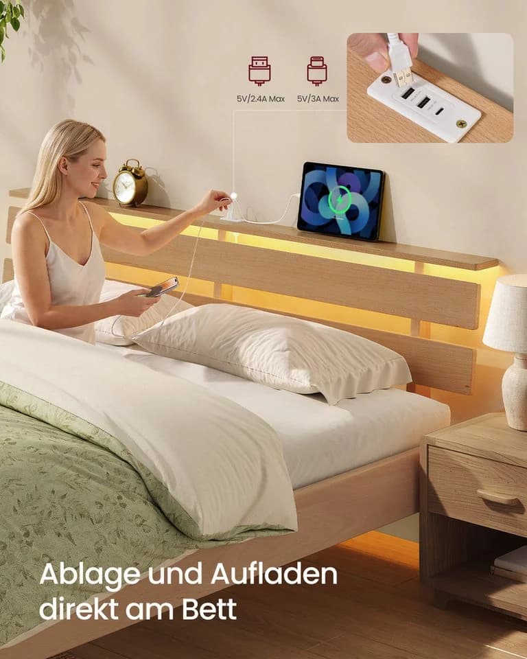 VASAGLE Massivholzbett mit LED & USB, Naturfarben - Bild 3