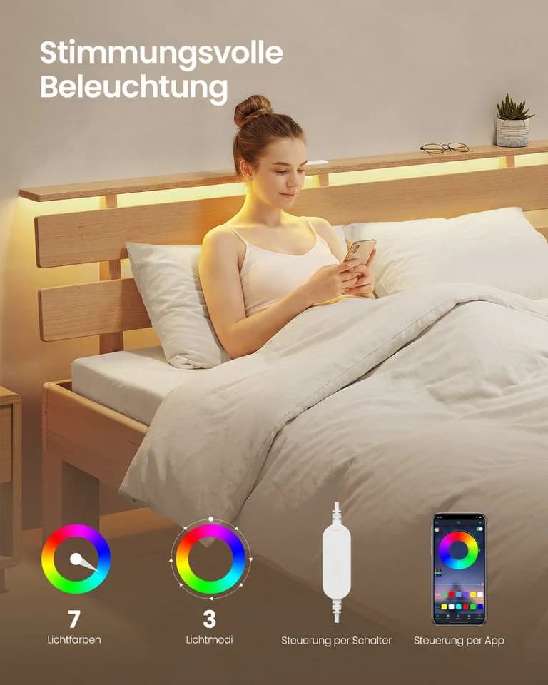 VASAGLE Massivholzbett mit LED & USB, Naturfarben - Bild 5