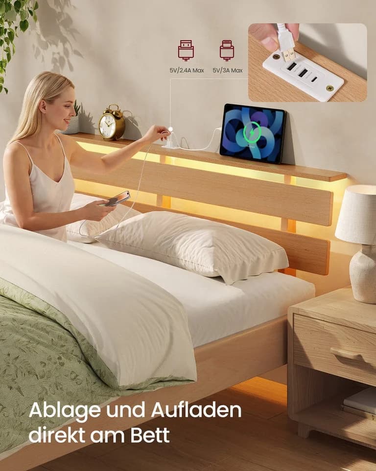 VASAGLE Massivholzbett mit LED, USB & Ablage Naturfarben - Bild 3