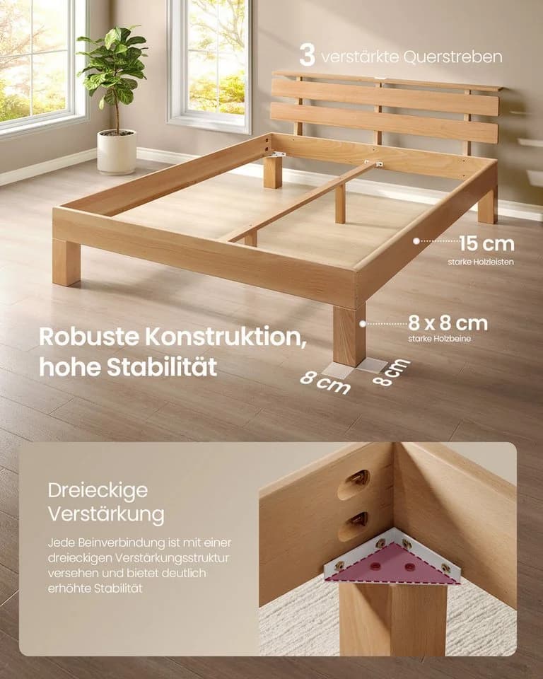 VASAGLE Massivholzbett mit LED, USB & Ablage Naturfarben - Bild 4