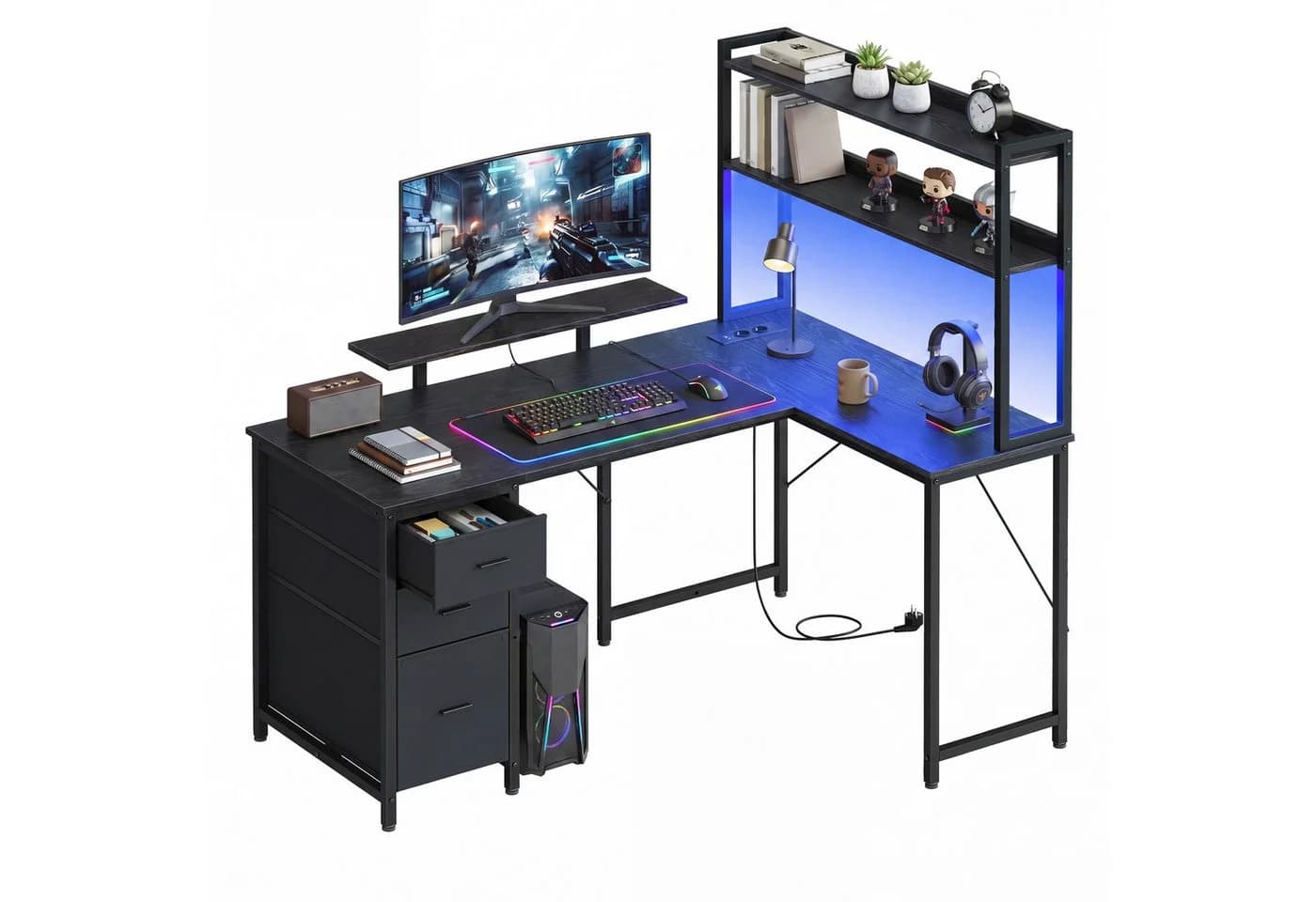 VASAGLE L-Form Schreibtisch Schwarz mit Schubladen, LED & Steckdosen - Bild 2