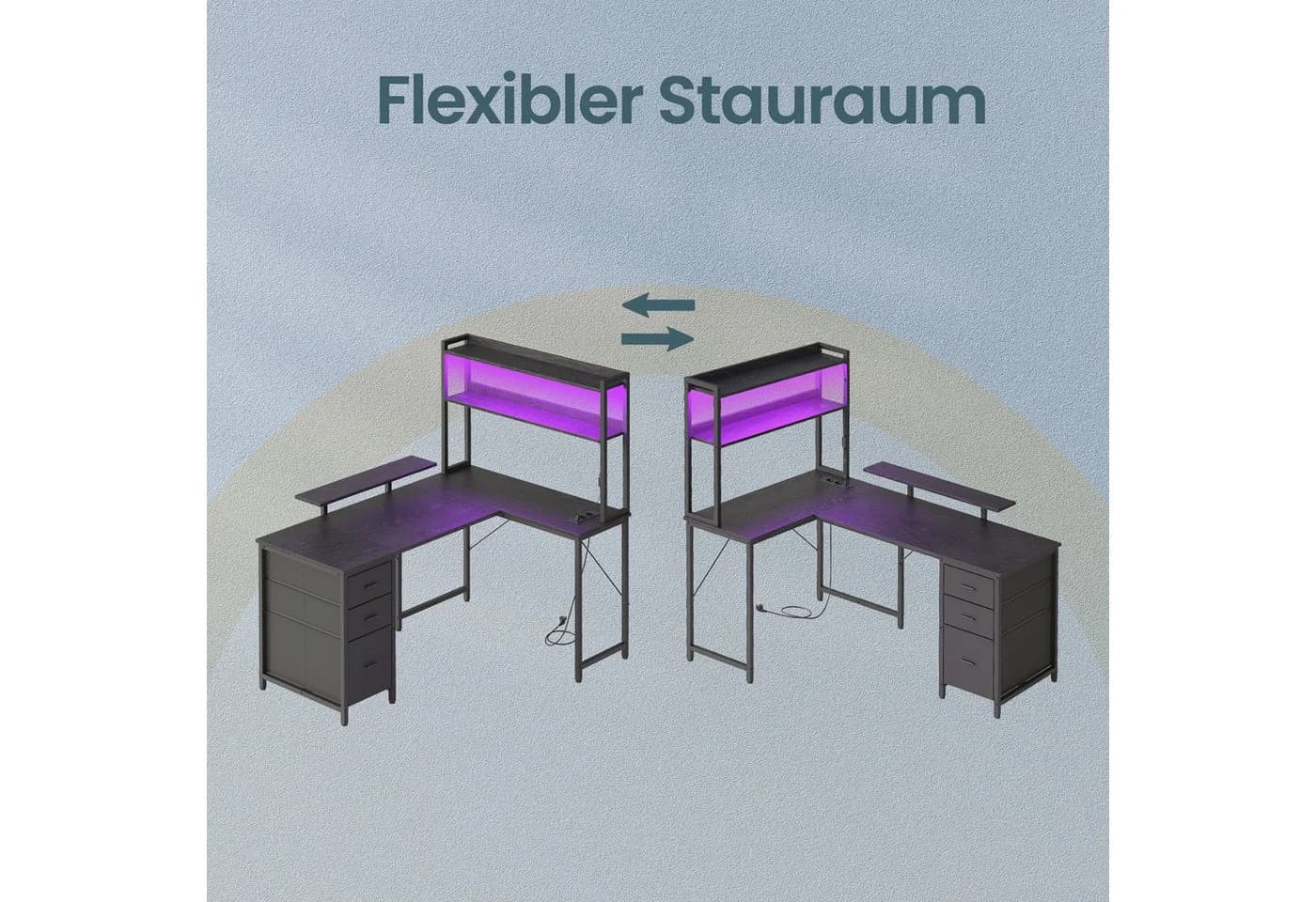 VASAGLE L-Form Schreibtisch Schwarz mit Schubladen, LED & Steckdosen - Bild 5