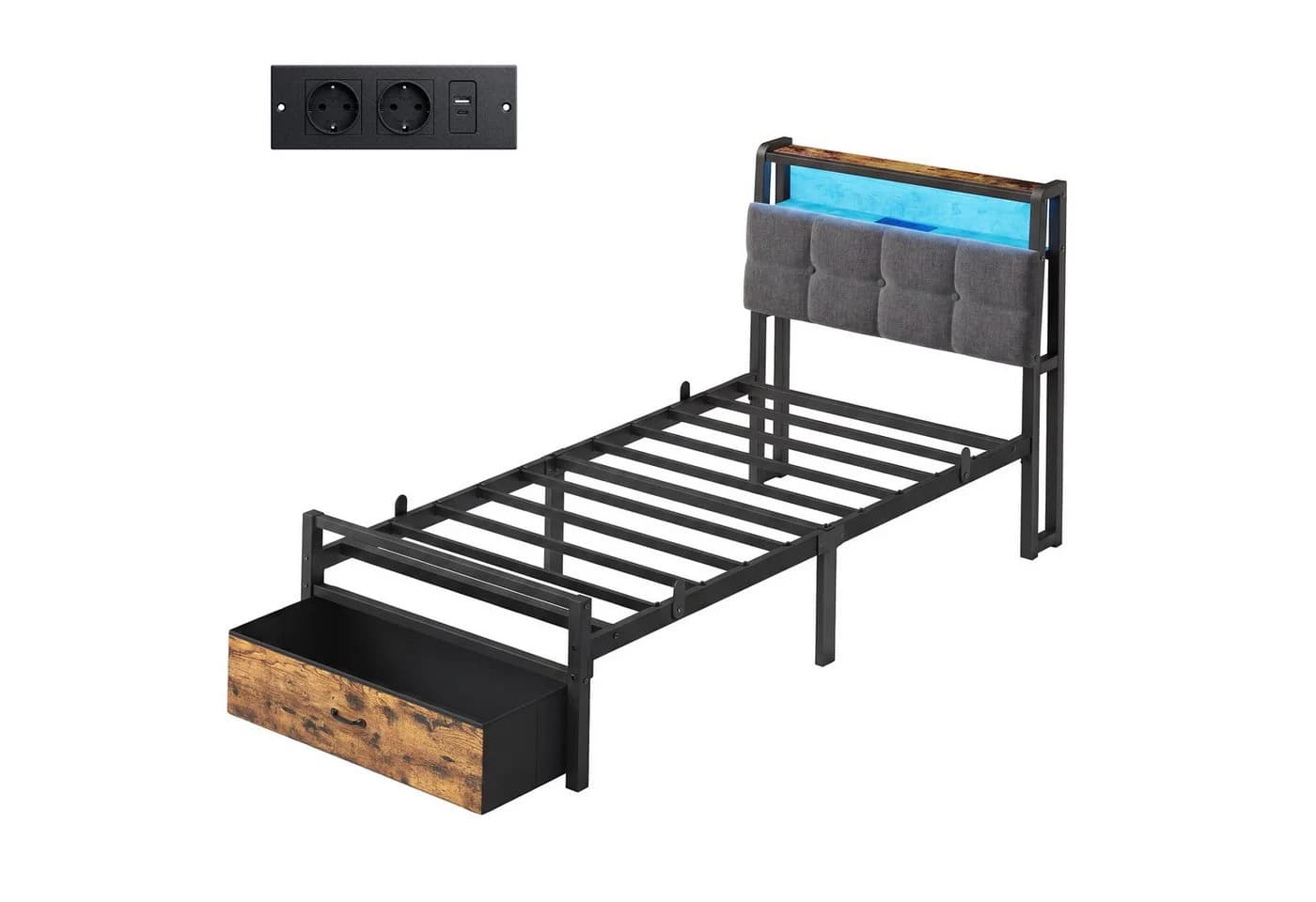 VASAGLE Metallbett mit Stauraum, LED-Beleuchtung und Steckdosen, Schwarz-Braun - Bild 2