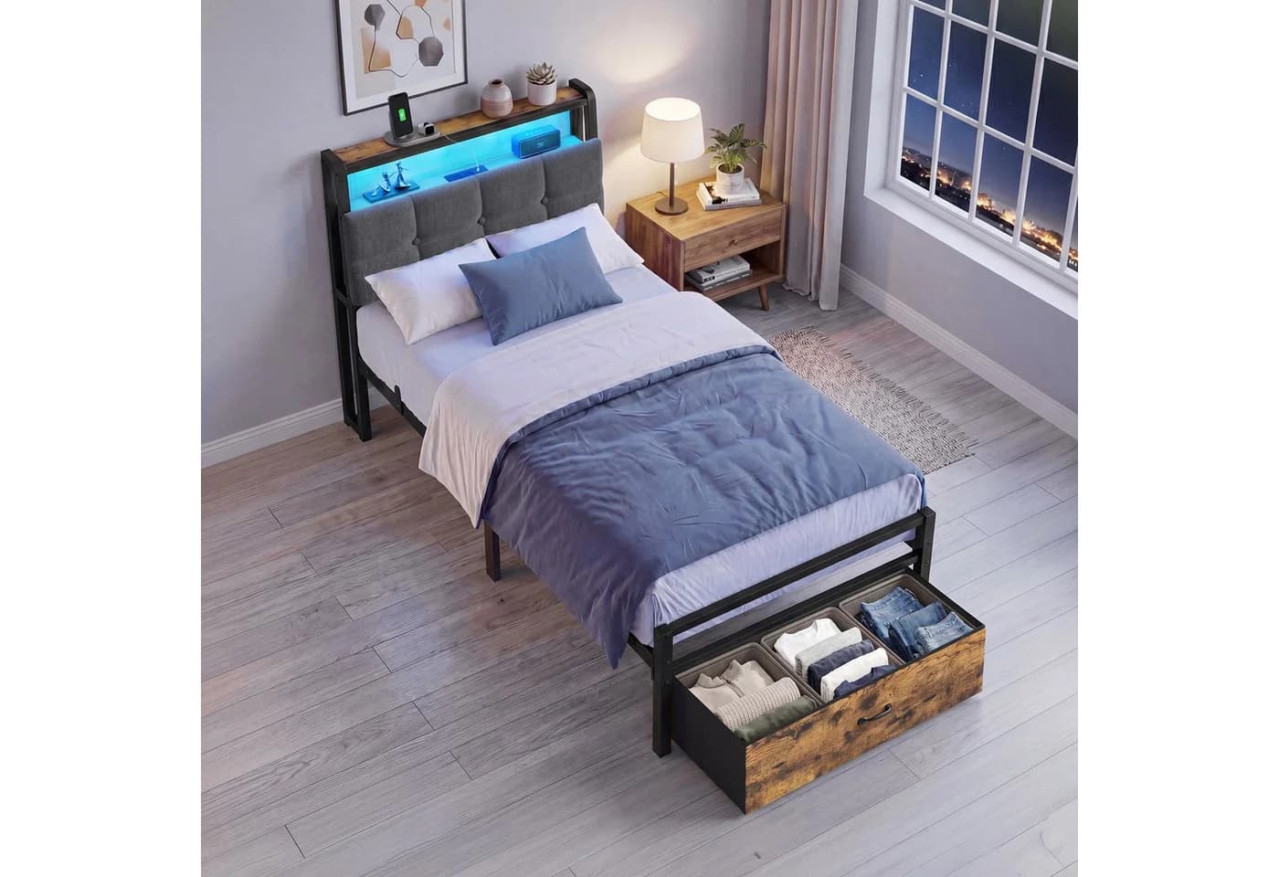VASAGLE Metallbett mit Stauraum, LED-Beleuchtung und Steckdosen, Schwarz-Braun - Bild 3