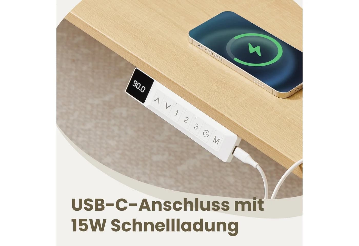 VASAGLE Höhenverstellbarer Schreibtisch Eichefarben mit USB-C - Bild 5