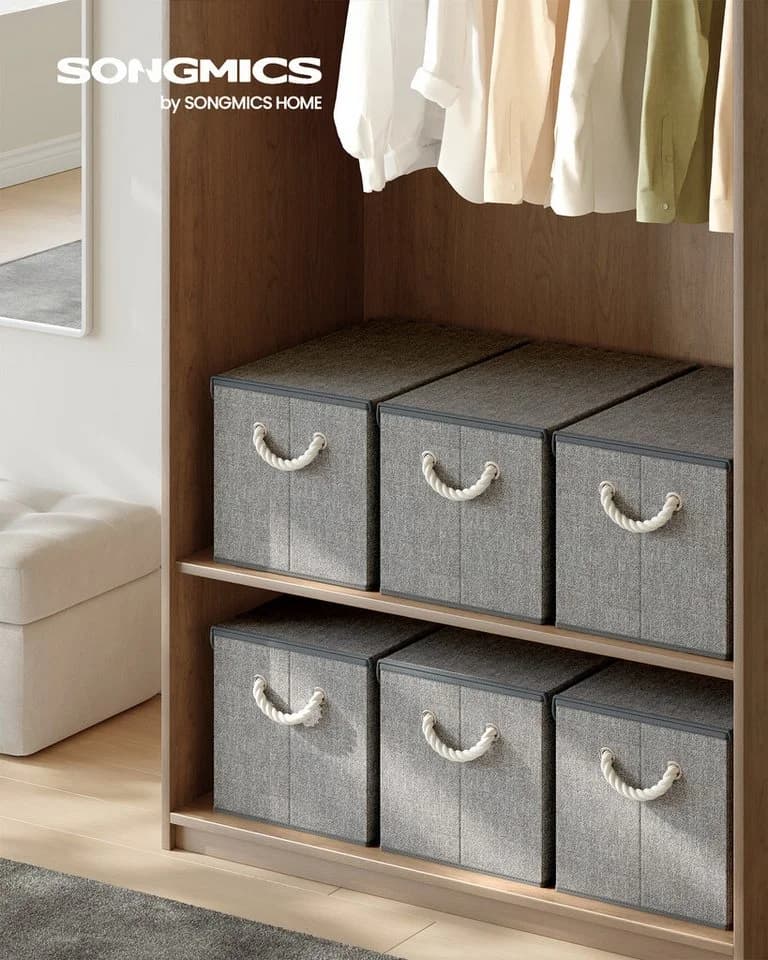 SONGMICS Aufbewahrungsbox 3er-Set Grau Vliesstoff mit Deckel