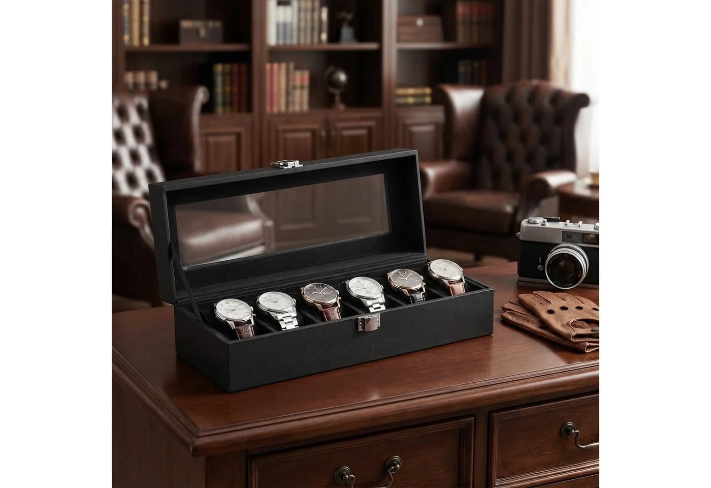 SONGMICS Uhrenbox 6 Fächer Schwarz Glasdeckel