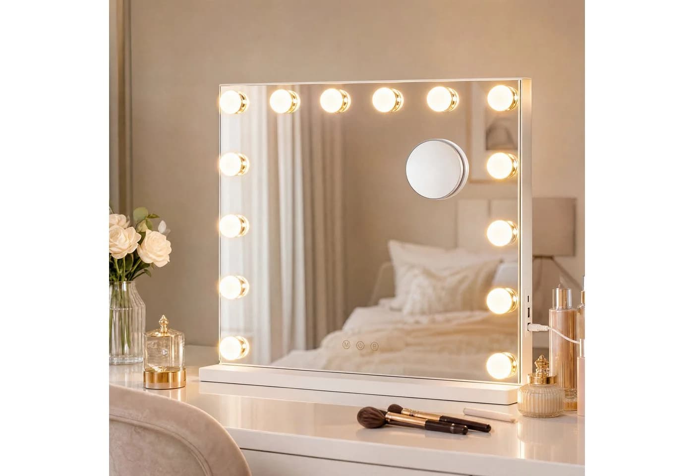 SONGMICS Schminkspiegel mit LED, 10-fach Lupe & USB-Ladefunktion
