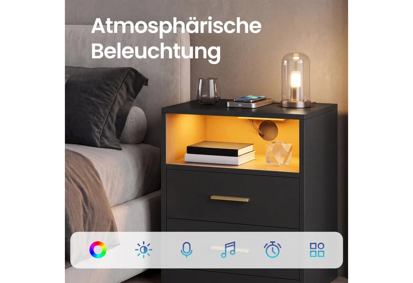 VASAGLE Nachttisch Schwarz mit Ladestation, LED-Beleuchtung und Schubladen - Bild 5