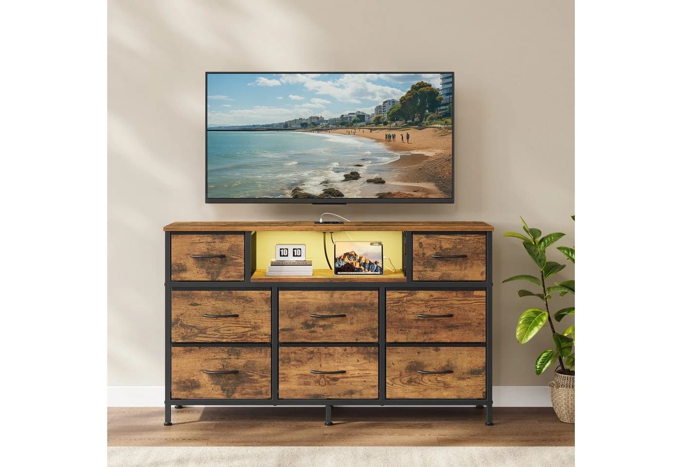 SONGMICS Kommode Sideboard mit Stoffschubladen und LED-Beleuchtung Vintagebraun
