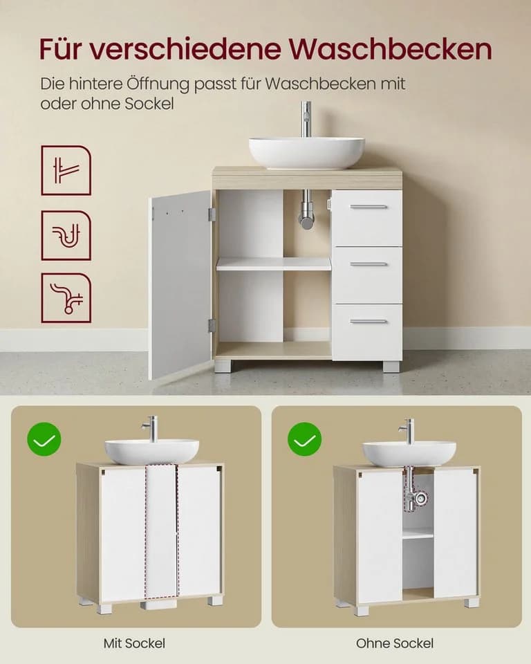 VASAGLE Badschrank mit 3 Schubladen und 2 Fächern Milchkaffee - Bild 4