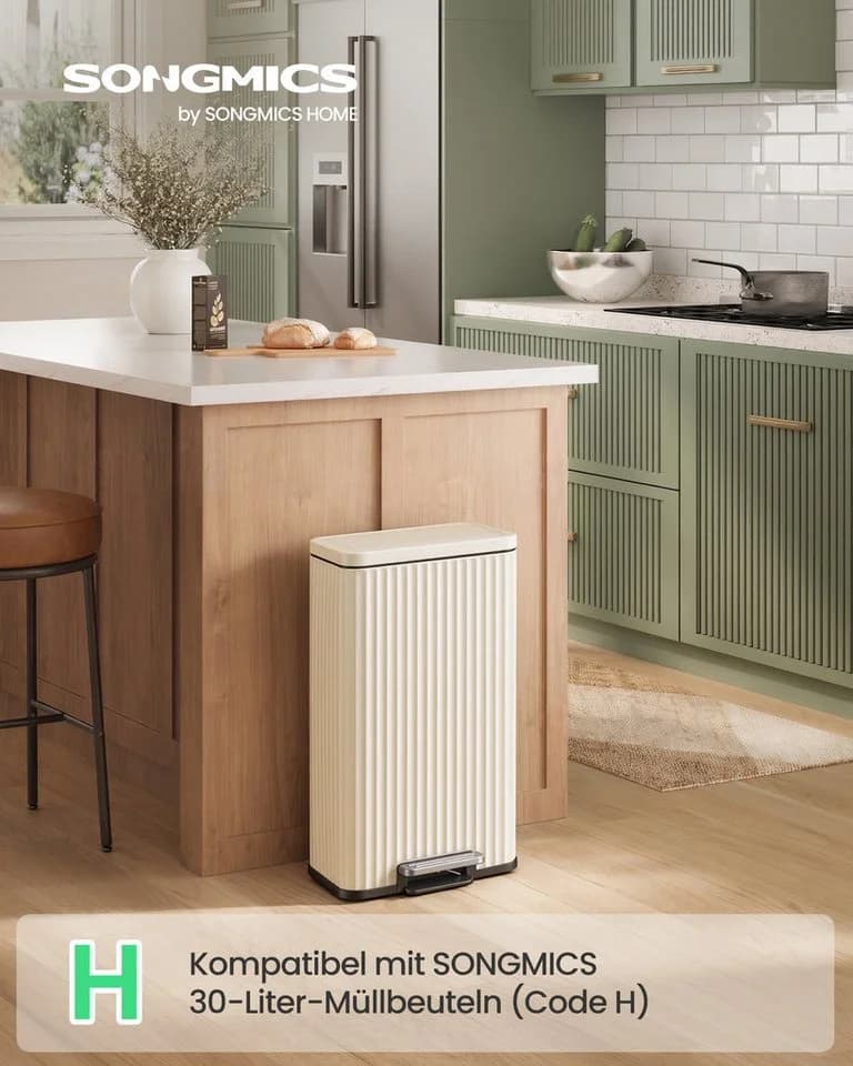 SONGMICS Mülleimer Küche 30L mit Deckel und Pedal Softclose Beige