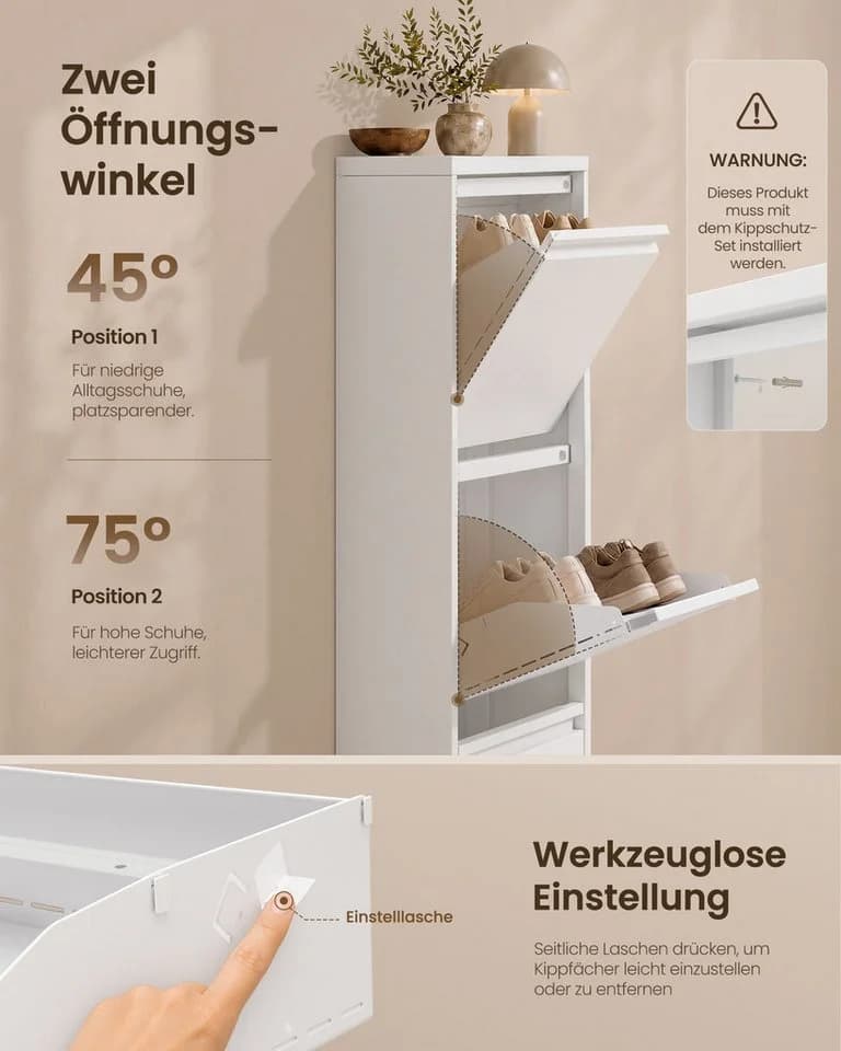 VASAGLE Schuhschrank 3 Klappen Weiß Stahl - Bild 5
